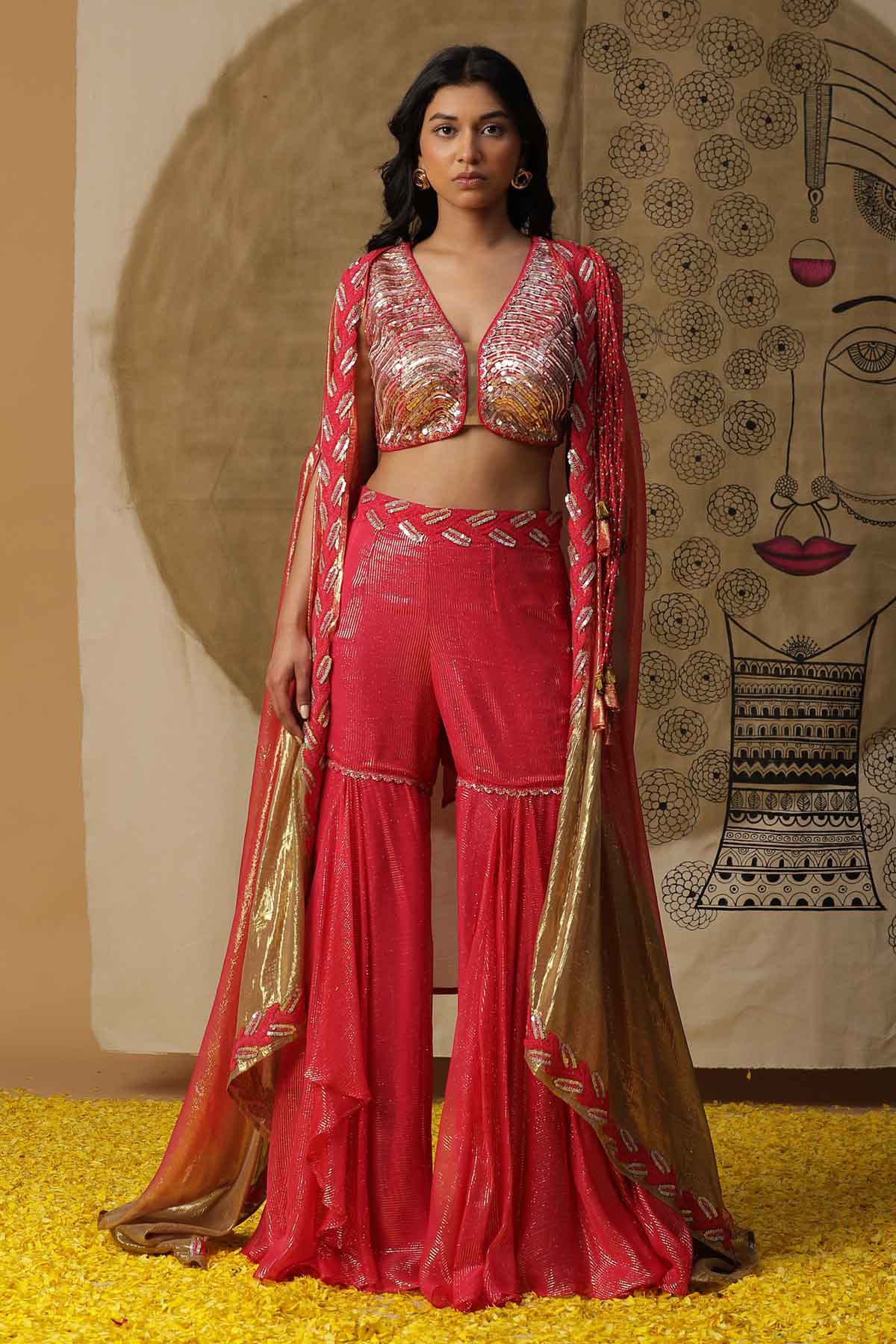 Buy Arpita SulakshanaCoral Sequins Cape & Palazzo Set